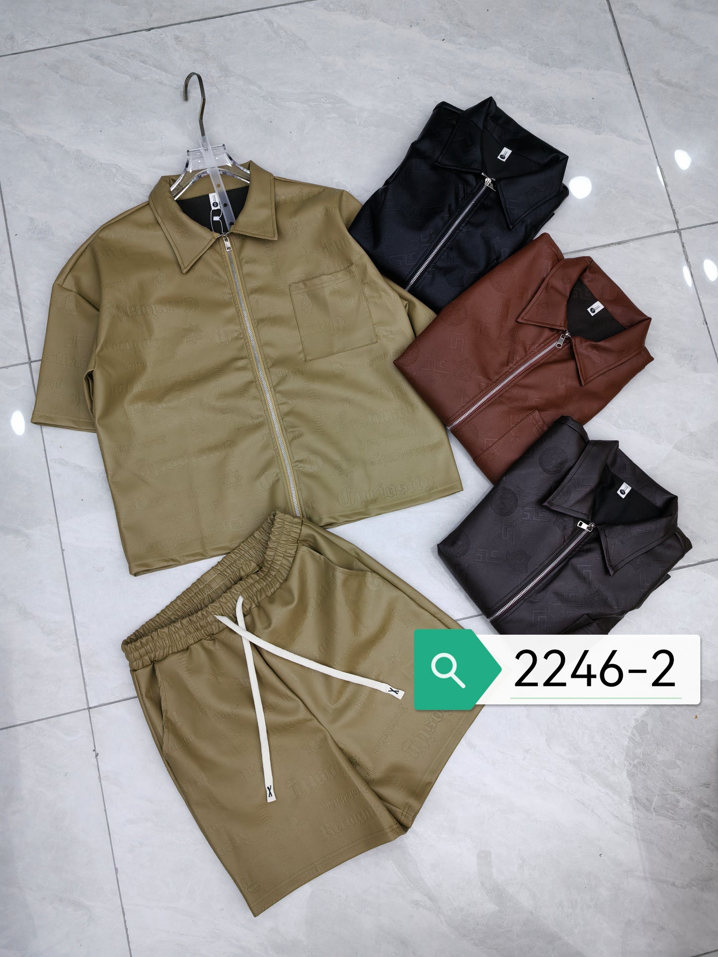 Men's Faux Leather Short Sleeve Jacket & Shorts Set - 2246 Streetwear Casual Two-Piece Outfit