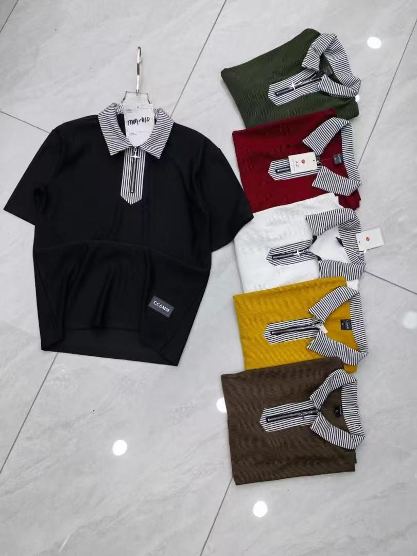 Men's Fashion Polo Shirt with Unique Buckle Design - Short Sleeve Ribbed Knit Casual Top