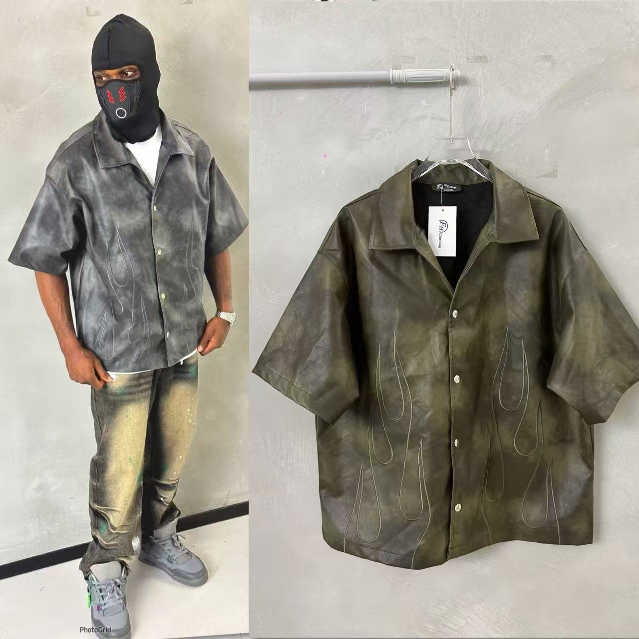 Custom High Quality Men PU Leather button Jacket Embroidered Patch Short Sleeve Chest Pocket Faux Leather Shirt