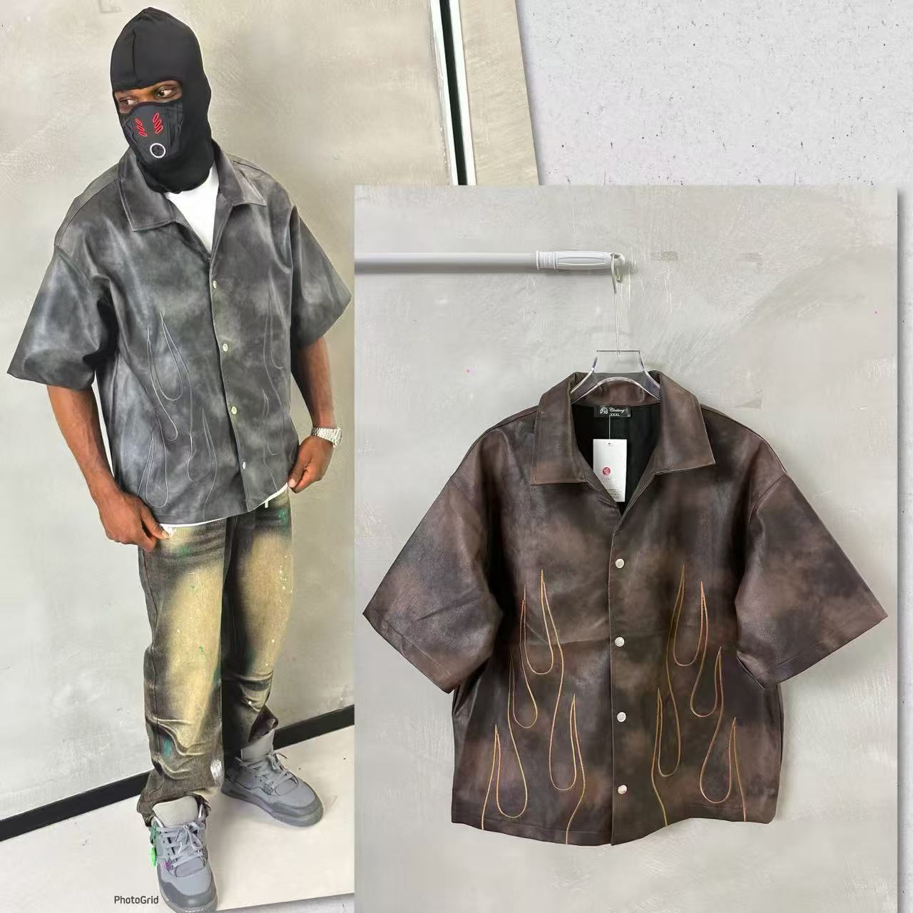 Custom High Quality Men PU Leather button Jacket Embroidered Patch Short Sleeve Chest Pocket Faux Leather Shirt