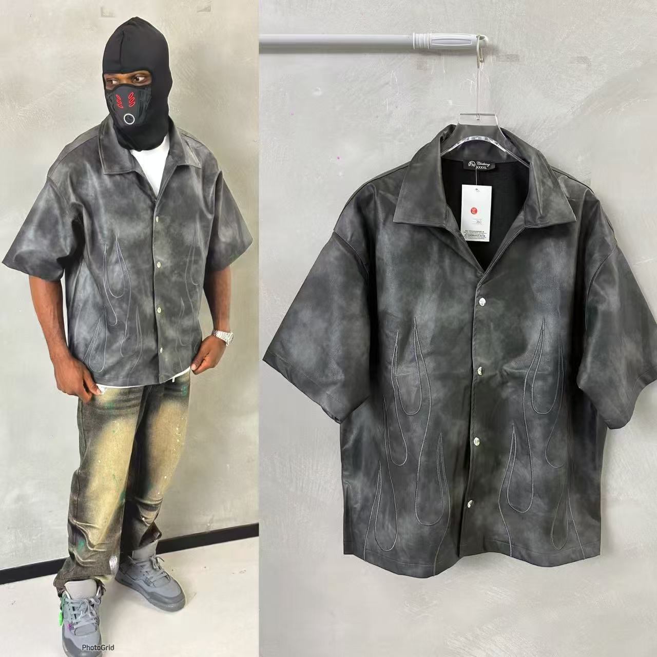 Custom High Quality Men PU Leather button Jacket Embroidered Patch Short Sleeve Chest Pocket Faux Leather Shirt