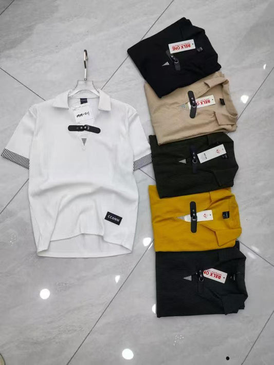 Men's Fashion Polo Shirt with Unique Buckle Design - Short Sleeve Ribbed Knit Casual Top