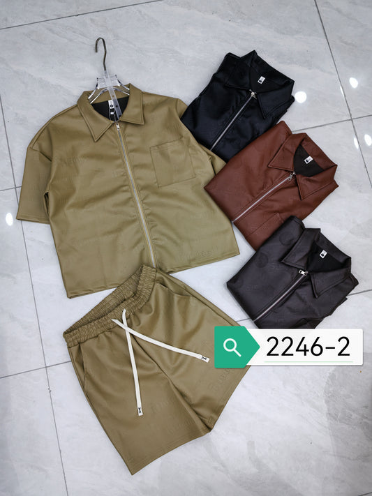 Men's Faux Leather Short Sleeve Jacket & Shorts Set - 2246 Streetwear Casual Two-Piece Outfit