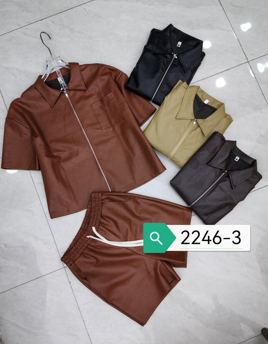 Men's Faux Leather Short Sleeve Jacket & Shorts Set - 2246 Streetwear Casual Two-Piece Outfit