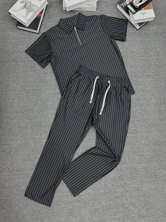 Men‘s Casual Stripe Two Piece Sets Solid Color Lapel Short Sleeve Tops and Long Pants Suits