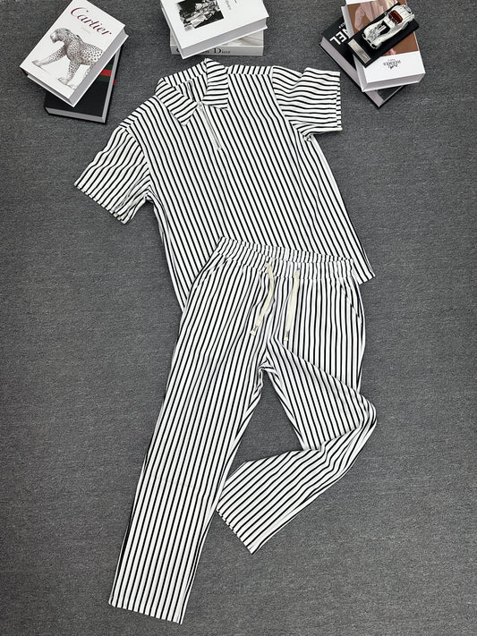 Men‘s Casual Stripe Two Piece Sets Solid Color Lapel Short Sleeve Tops and Long Pants Suits