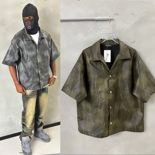 Custom High Quality Men PU Leather button Jacket Embroidered Patch Short Sleeve Chest Pocket Faux Leather Shirt