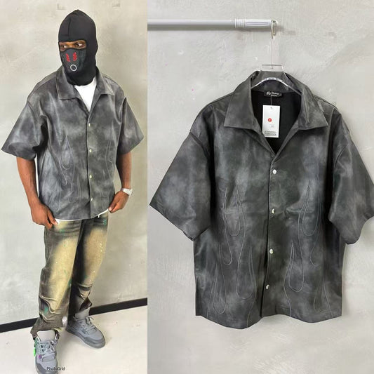 Custom High Quality Men PU Leather button Jacket Embroidered Patch Short Sleeve Chest Pocket Faux Leather Shirt
