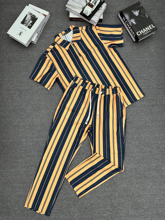 Men's Casual Two-Piece Summer Set Solid Color Collar Short-Sleeved Zipper Pant Suit Breathable